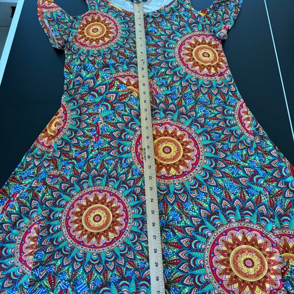 Boho Mandala Cold Shoulder Dress (M) – Colorful Rayon Blend Swing Style - Picture 6 of 8